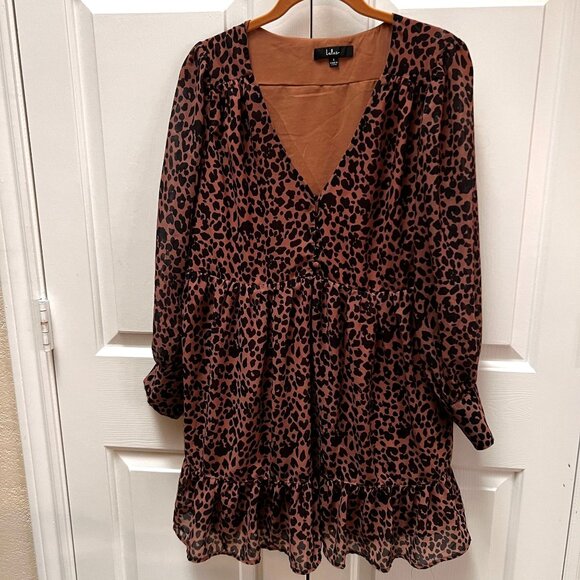 Lulus Small Leopard Print Tiered Romantic Coquette Baby Doll Dress Long Sleeve - Picture 1 of 11